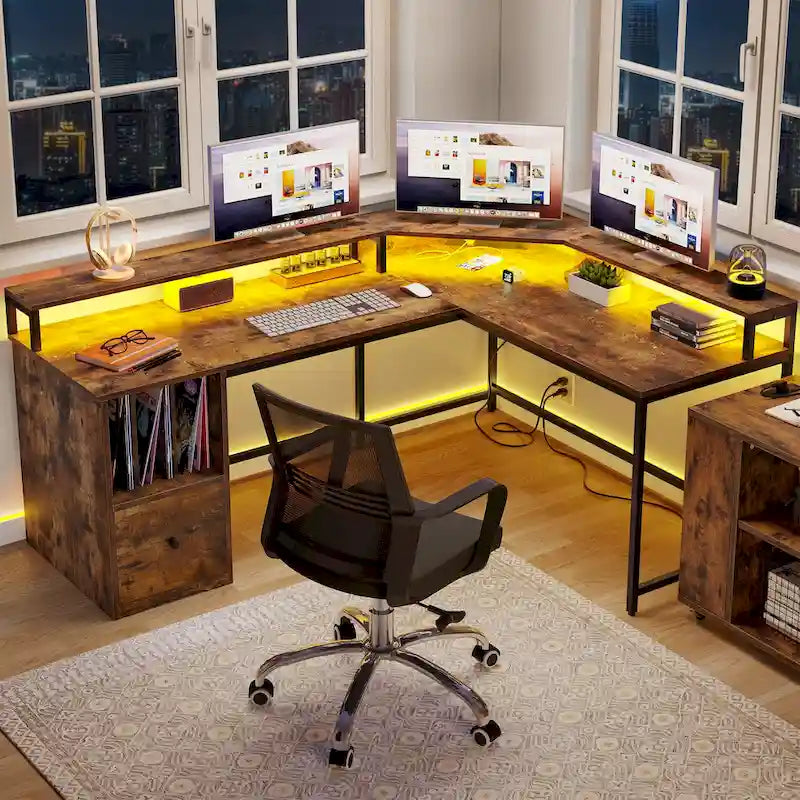 Bureau de jeu en L Moasis de 66 pouces avec étagères et support d'écran, bureau à domicile
