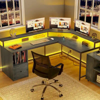 Bureau de jeu en L Moasis de 66 pouces avec étagères et support d'écran, bureau à domicile