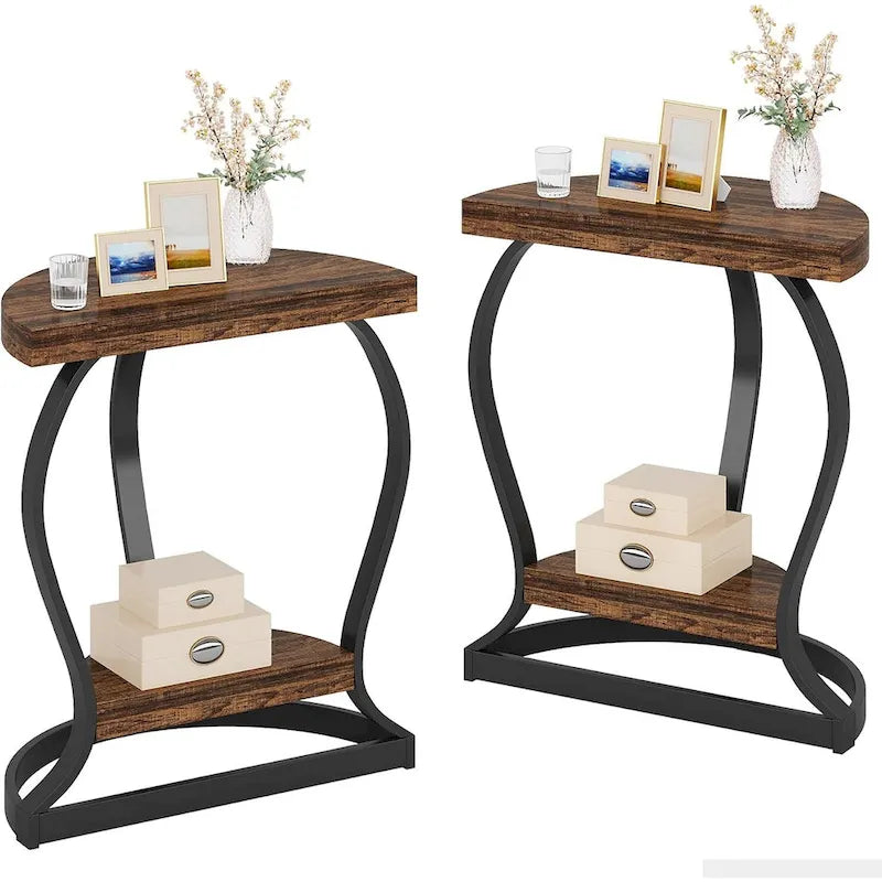 Table d'appoint demi-ronde, table d'appoint demi-lune en bois à 2 niveaux petite table d'appoint semi-circulaire