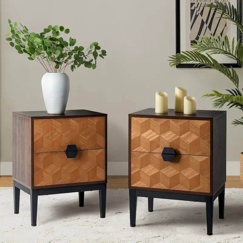 Table de chevet moderne 25 po de haut à 2 tiroirs avec station de recharge et pieds réglables (lot de 2) par HULALA HOME