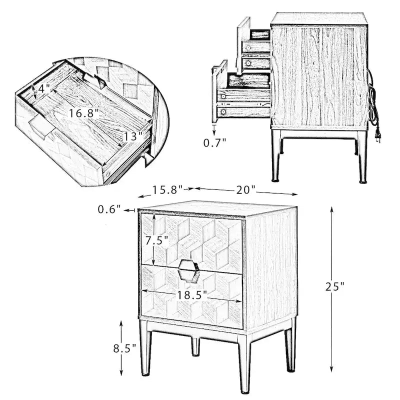 Table de chevet moderne 25 po de haut à 2 tiroirs avec station de recharge et pieds réglables (lot de 2) par HULALA HOME