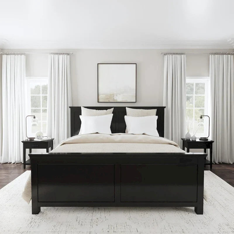 Lit King Oak Park en bois noir et deux tables de nuit