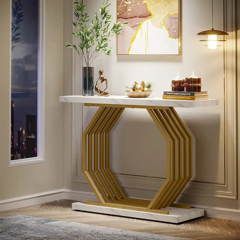 Console dorée, table d'entrée en faux marbre, table de canapé étroite, table d'appoint moderne 40 pouces avec base géométrique en métal