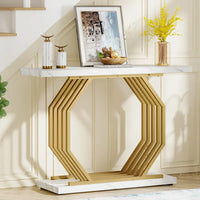 Console dorée, table d'entrée en faux marbre, table de canapé étroite, table d'appoint moderne 40 pouces avec base géométrique en métal