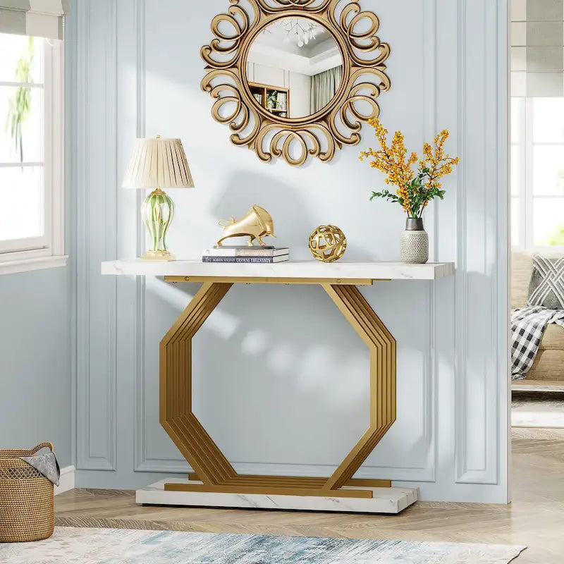 Console dorée, table d'entrée en faux marbre, table de canapé étroite, table d'appoint moderne 40 pouces avec base géométrique en métal