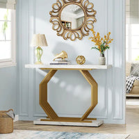 Console dorée, table d'entrée en faux marbre, table de canapé étroite, table d'appoint moderne 40 pouces avec base géométrique en métal