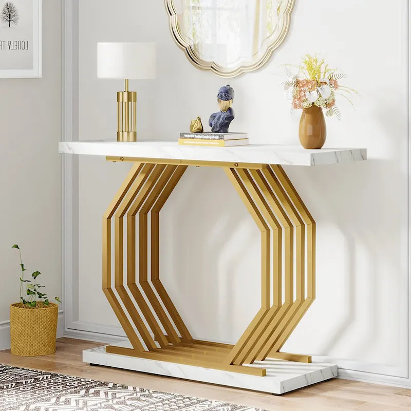 Console dorée, table d'entrée en faux marbre, table de canapé étroite, table d'appoint moderne 40 pouces avec base géométrique en métal