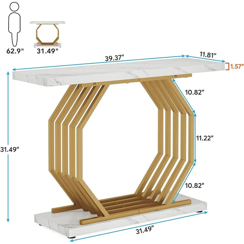 Console dorée, table d'entrée en faux marbre, table de canapé étroite, table d'appoint moderne 40 pouces avec base géométrique en métal