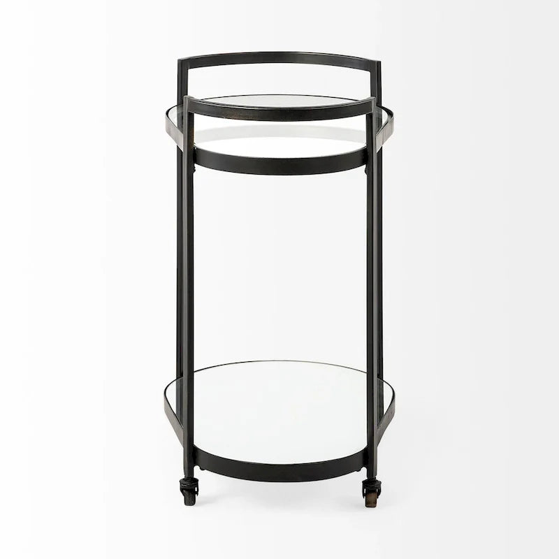 Chariot de bar Eleonore à structure métallique noire à deux niveaux avec étagères en verre