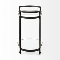Chariot de bar Eleonore à structure métallique noire à deux niveaux avec étagères en verre