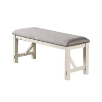 Banc de salle à manger Lexi de 50 pouces, assise rembourrée en tissu, bois d'hévéa, gris et blanc