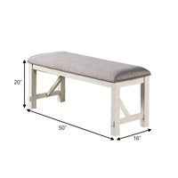 Banc de salle à manger Lexi de 50 pouces, assise rembourrée en tissu, bois d'hévéa, gris et blanc