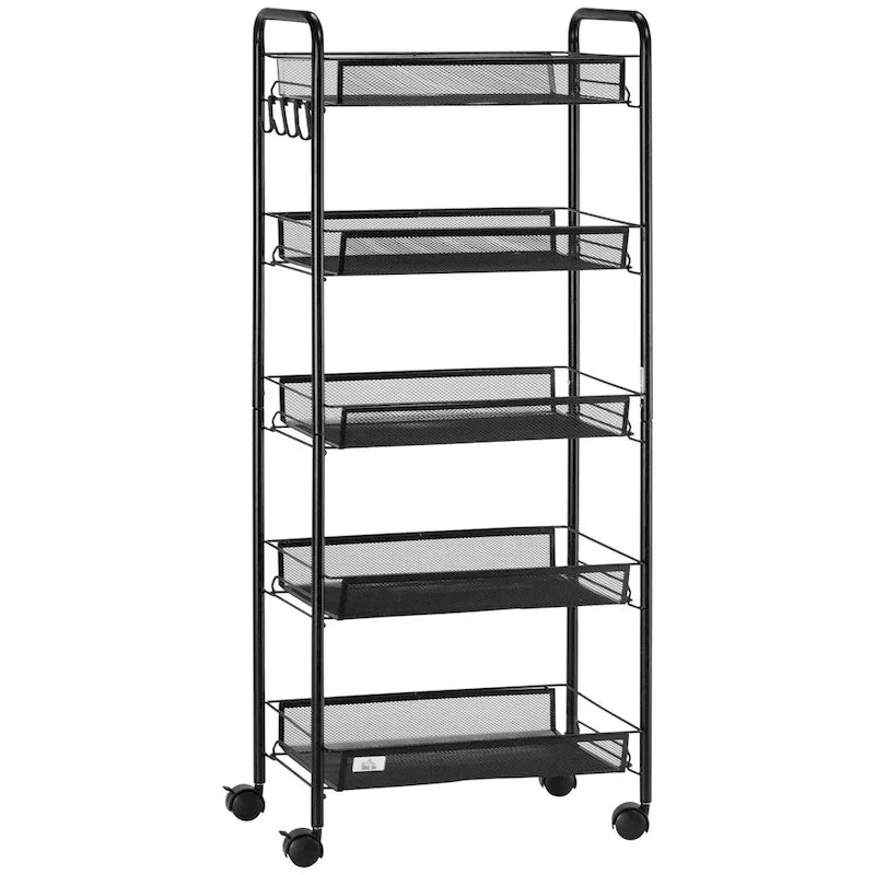 HOMCOM Chariot de service roulant à 5 niveaux, Chariot de rangement en métal, Desserte de cuisine avec paniers en maille amovibles, Noir