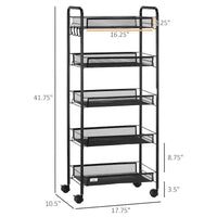 HOMCOM Chariot de service roulant à 5 niveaux, Chariot de rangement en métal, Desserte de cuisine avec paniers en maille amovibles, Noir
