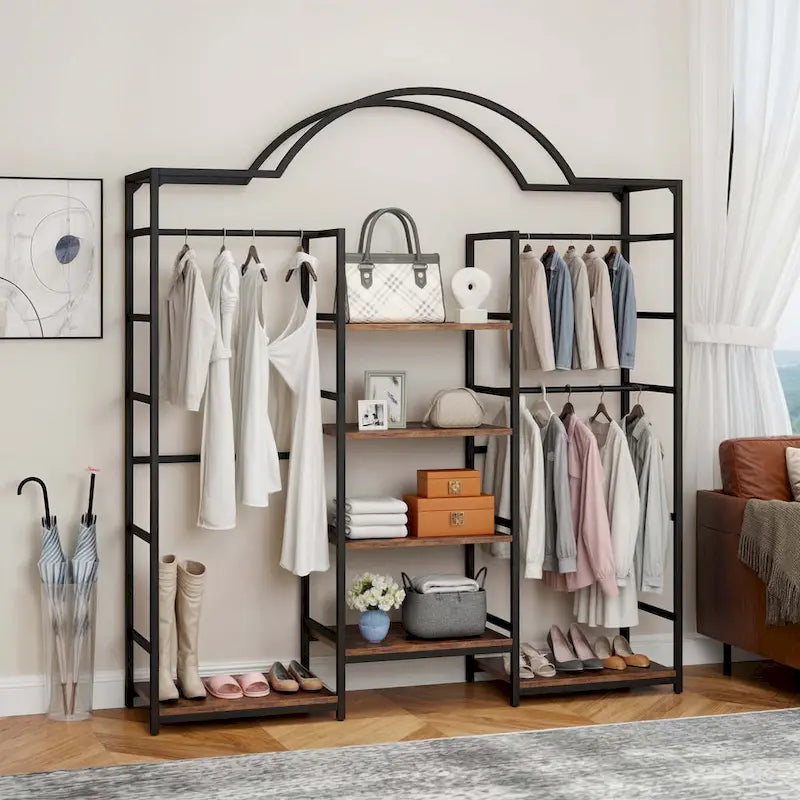 Porte-manteau robuste Moasis à 4 niveaux avec 3 tringles et 6 étagères