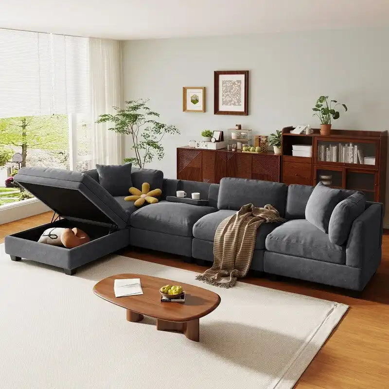 Canapé modulable avec pouf de rangement amovible, 2 porte-gobelets cachés