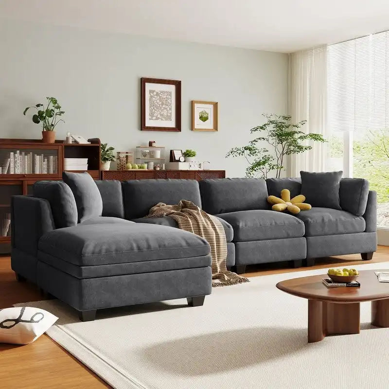 Canapé modulable avec pouf de rangement amovible, 2 porte-gobelets cachés