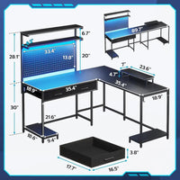 Bureau de gaming en L avec panneau perforé, tiroirs et support pour écran