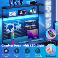 Bureau de gaming en L avec panneau perforé, tiroirs et support pour écran