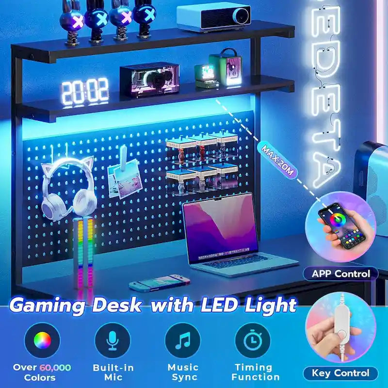 Bureau de gaming en L avec panneau perforé, tiroirs et support pour écran