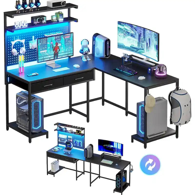 Bureau de gaming en L avec panneau perforé, tiroirs et support pour écran