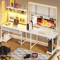 Bureau de gaming en L avec panneau perforé, tiroirs et support pour écran