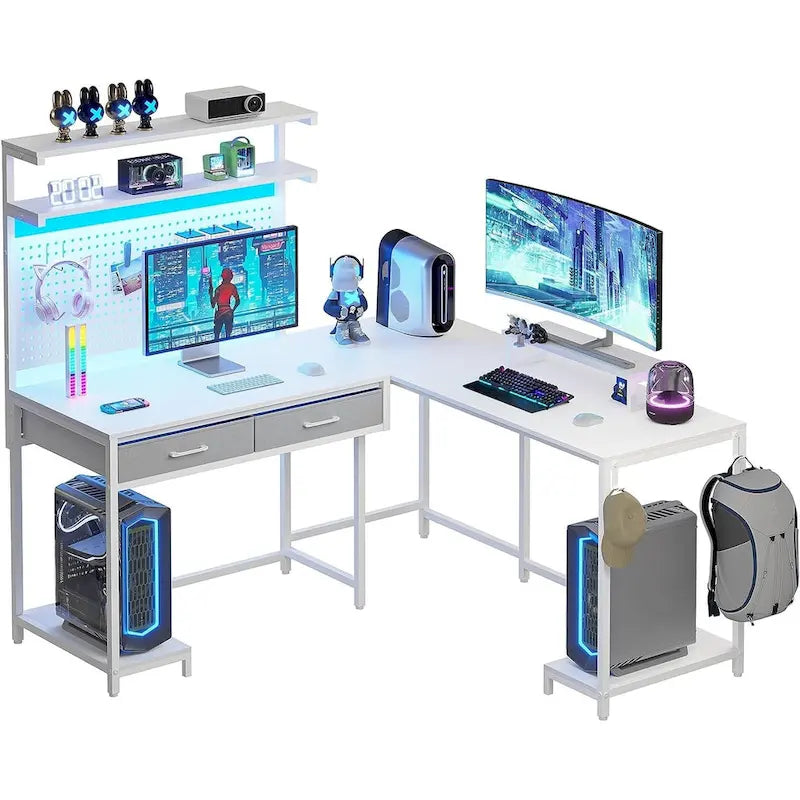Bureau de gaming en L avec panneau perforé, tiroirs et support pour écran