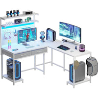 Bureau de gaming en L avec panneau perforé, tiroirs et support pour écran