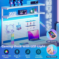 Bureau de gaming en L avec panneau perforé, tiroirs et support pour écran