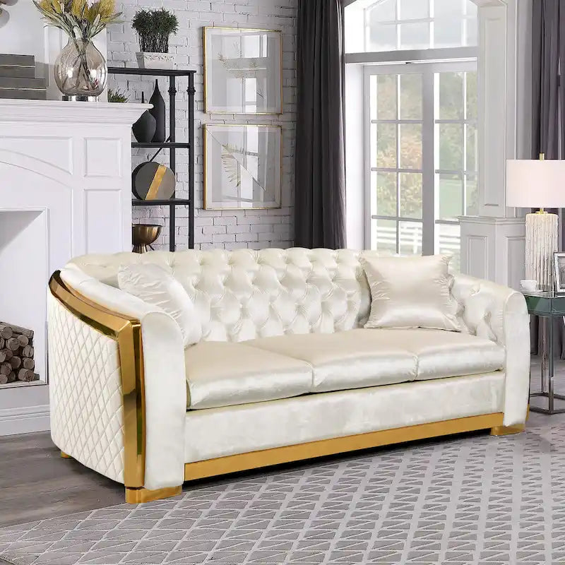 Ensemble de canapés de luxe Chesterield en velours, canapé 3 places capitonné de 213 cm avec pieds en acier inoxydable doré pour salon, tissu beige
