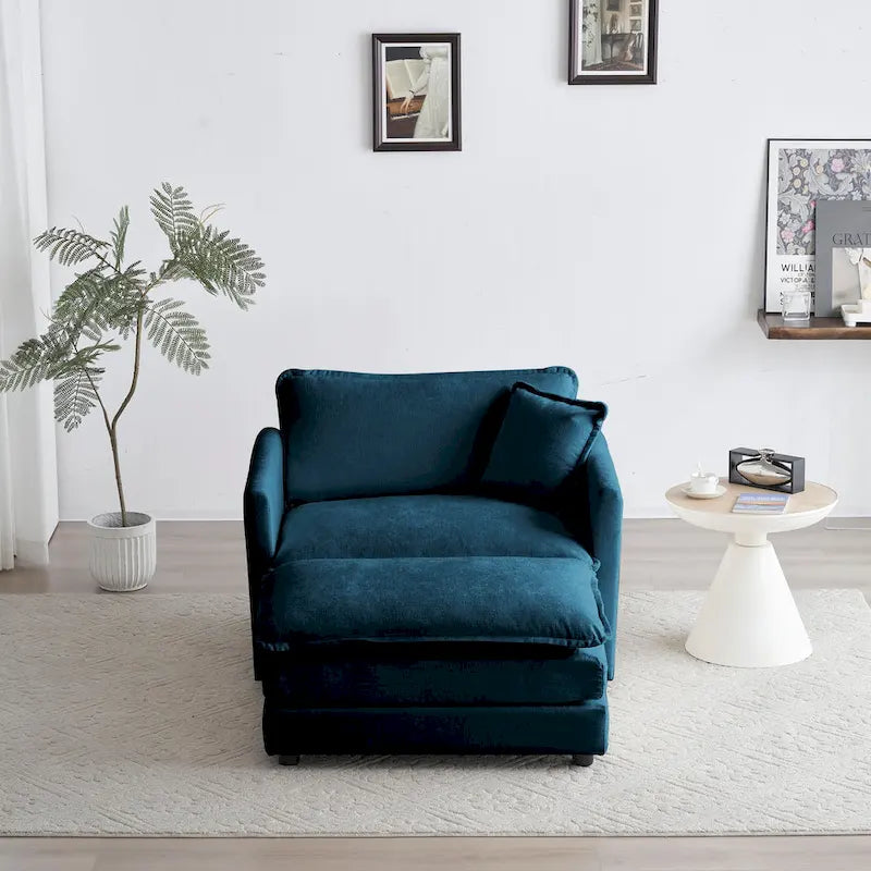 Fauteuil d'appoint moderne avec pouf, Fauteuil de salon capitonné en chenille, Fauteuil de lecture pour chambre à coucher, Chenille bleue