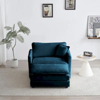 Fauteuil d'appoint moderne avec pouf, Fauteuil de salon capitonné en chenille, Fauteuil de lecture pour chambre à coucher, Chenille bleue