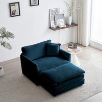 Fauteuil d'appoint moderne avec pouf, Fauteuil de salon capitonné en chenille, Fauteuil de lecture pour chambre à coucher, Chenille bleue