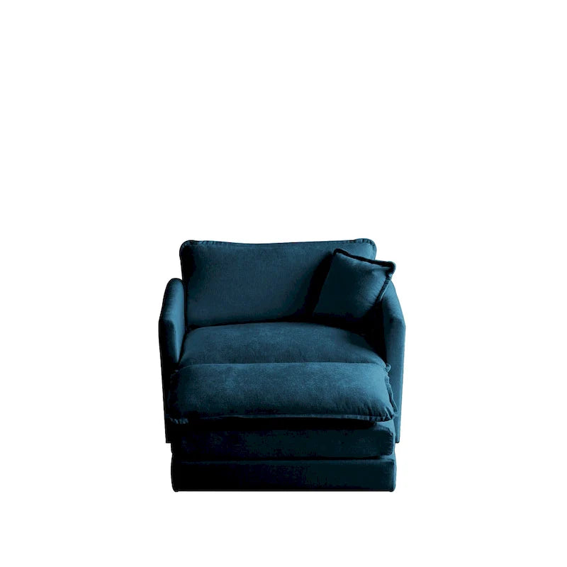 Fauteuil d'appoint moderne avec pouf, Fauteuil de salon capitonné en chenille, Fauteuil de lecture pour chambre à coucher, Chenille bleue