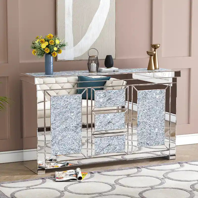 Buffet meuble d'appoint glamour à 3 tiroirs en miroir à diamant