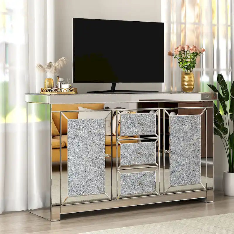 Buffet meuble d'appoint glamour à 3 tiroirs en miroir à diamant