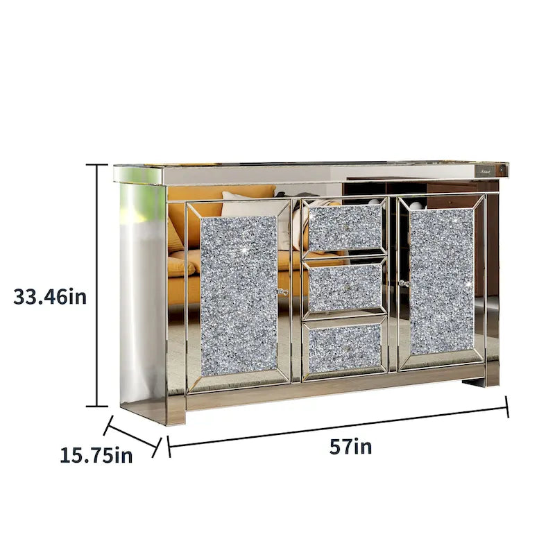Buffet meuble d'appoint glamour à 3 tiroirs en miroir à diamant