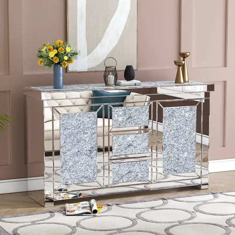 Buffet meuble d'appoint glamour à 3 tiroirs en miroir à diamant