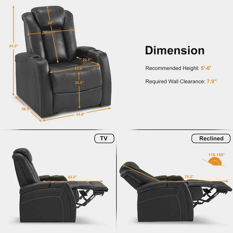 Fauteuil inclinable électrique MCombo, Siège de cinéma maison avec appui-tête réglable et tablette, Cuir respirant HTS422