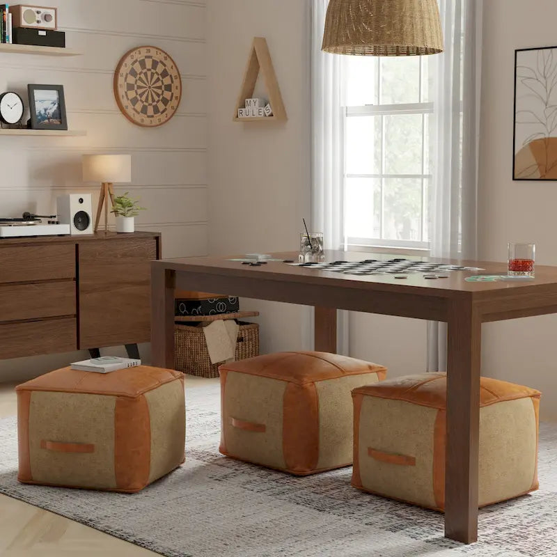 WYNDENHALL Castlebridge Pouf carré bohème en cuir véritable, couleur havane