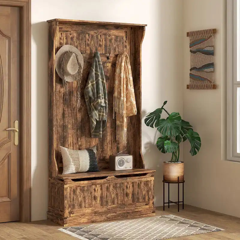 HOMCOM Arbre d'entrée 3-en-1 de 96,5 cm avec banc de rangement, porte-manteau à quatre crochets et rangement à chaussures, noir