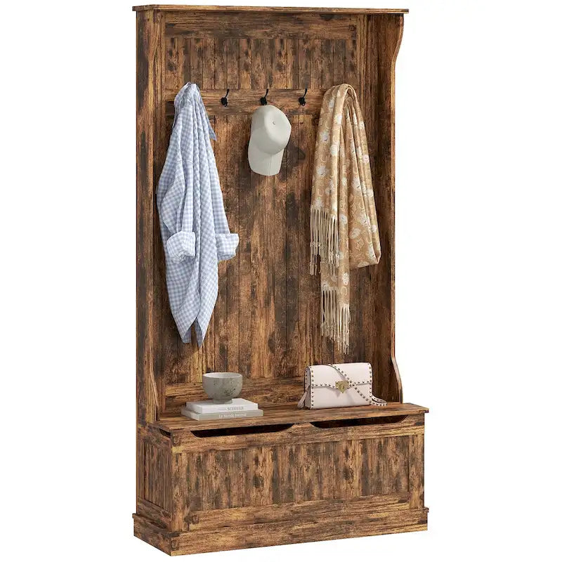 HOMCOM Arbre d'entrée 3-en-1 de 96,5 cm avec banc de rangement, porte-manteau à quatre crochets et rangement à chaussures, noir
