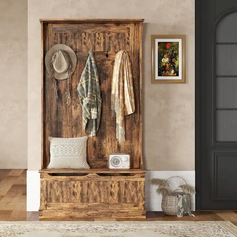 HOMCOM Arbre d'entrée 3-en-1 de 96,5 cm avec banc de rangement, porte-manteau à quatre crochets et rangement à chaussures, noir