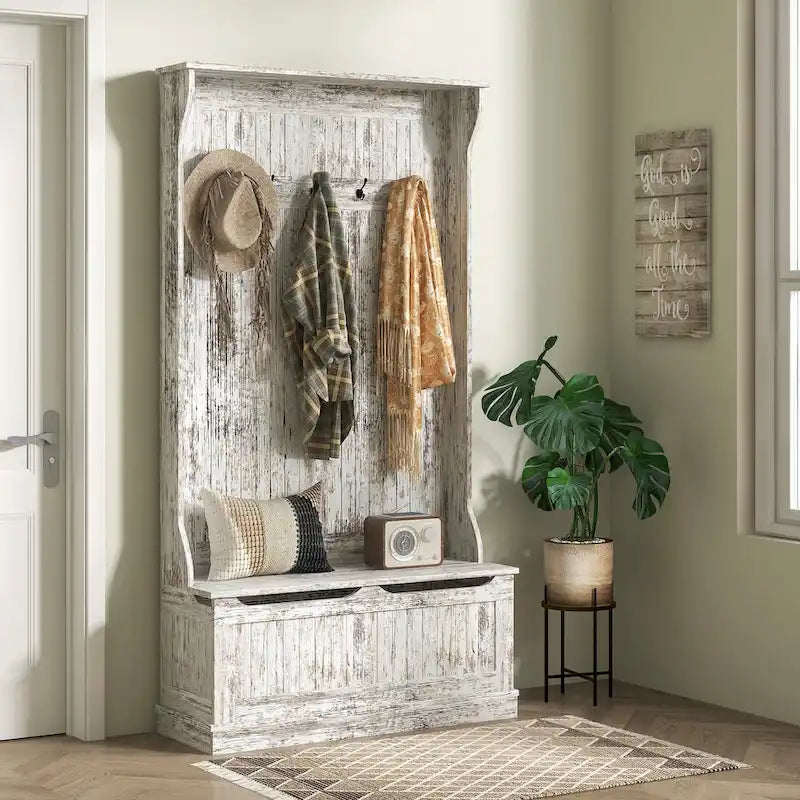 HOMCOM Arbre d'entrée 3-en-1 de 96,5 cm avec banc de rangement, porte-manteau à quatre crochets et rangement à chaussures, noir