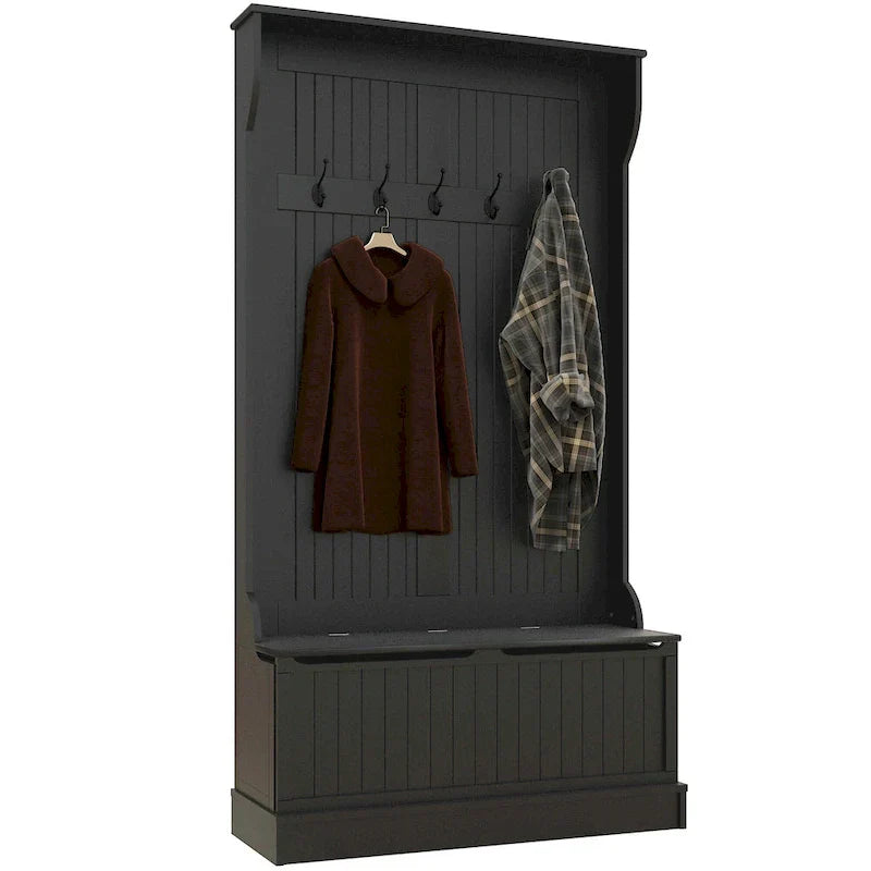 HOMCOM Arbre d'entrée 3-en-1 de 96,5 cm avec banc de rangement, porte-manteau à quatre crochets et rangement à chaussures, noir