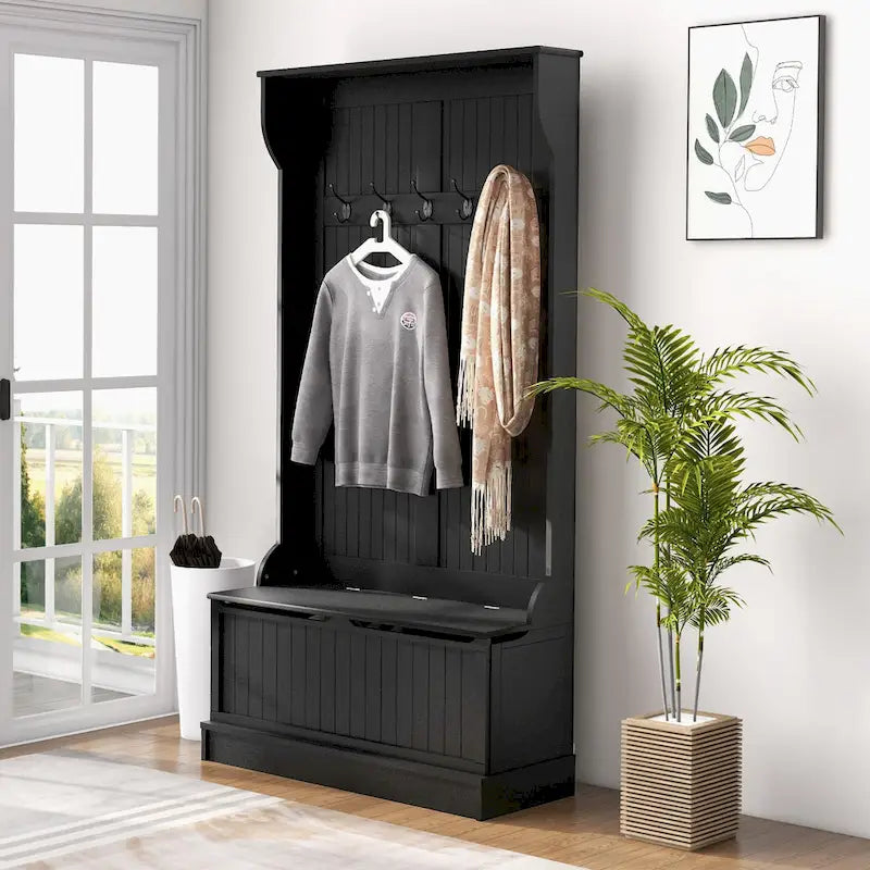 HOMCOM Arbre d'entrée 3-en-1 de 96,5 cm avec banc de rangement, porte-manteau à quatre crochets et rangement à chaussures, noir