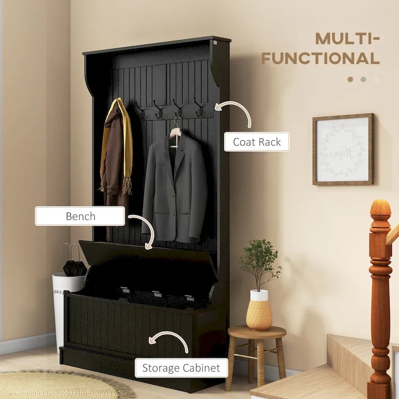 HOMCOM Arbre d'entrée 3-en-1 de 96,5 cm avec banc de rangement, porte-manteau à quatre crochets et rangement à chaussures, noir
