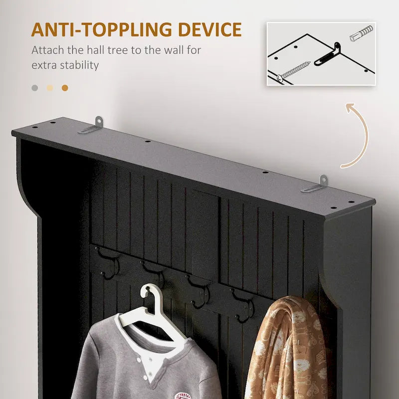 HOMCOM Arbre d'entrée 3-en-1 de 96,5 cm avec banc de rangement, porte-manteau à quatre crochets et rangement à chaussures, noir