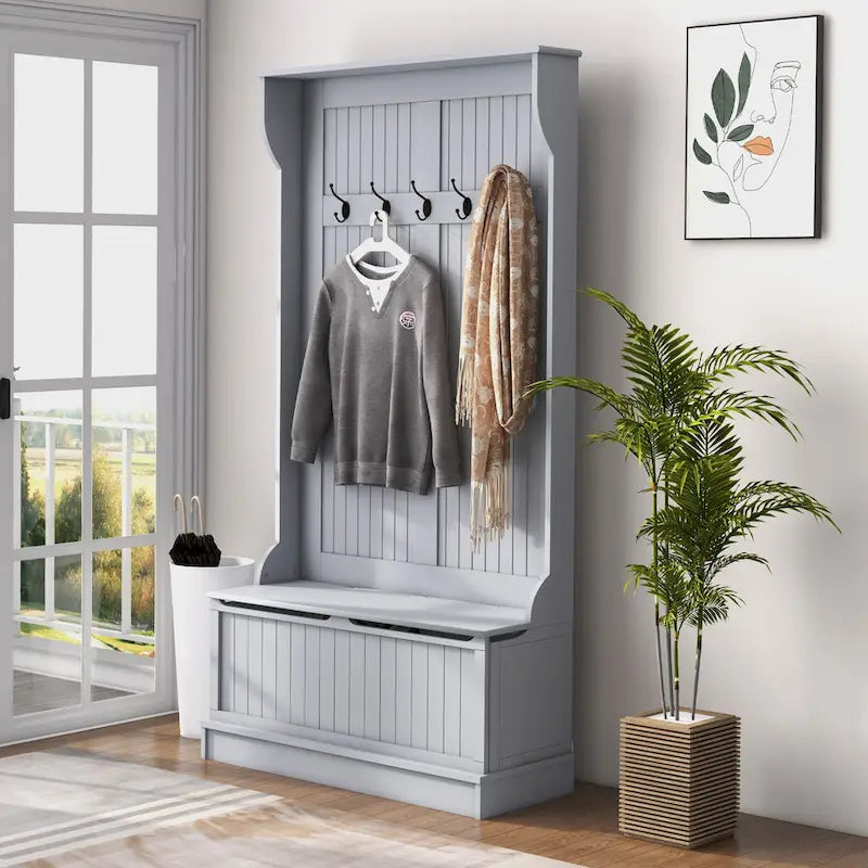 HOMCOM Arbre d'entrée 3-en-1 de 96,5 cm avec banc de rangement, porte-manteau à quatre crochets et rangement à chaussures, noir