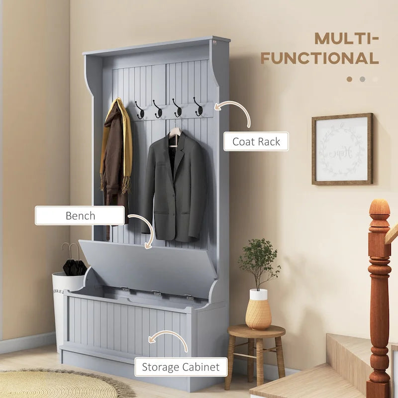 HOMCOM Arbre d'entrée 3-en-1 de 96,5 cm avec banc de rangement, porte-manteau à quatre crochets et rangement à chaussures, noir